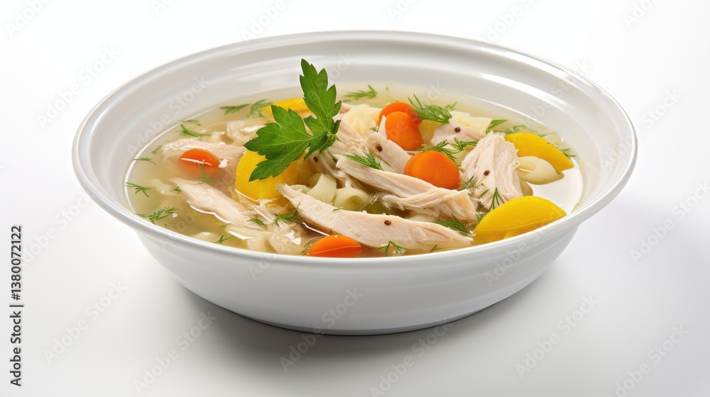 A warm bowl of chicken soup featuring tender chicken, carrots, and herbs. The clear broth is complemented by colorful vegetables, inviting a comforting meal experience A warm bowl of chicken soup featuring tender chicken, carrots, and herbs. The clear broth is complemented by colorful vegetables, inviting a comforting meal experience