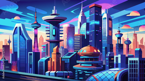 Future city skyline panorama 3D scene. Futuristic cityscape creative concept illustration: skyscrapers, towers, tall buildings, flying vehicles. Panoramic urban view of megapolis town, sky