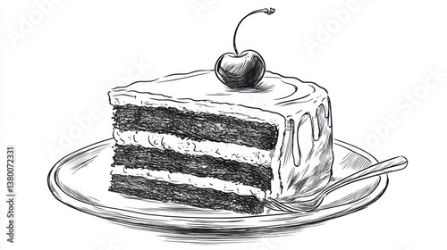 Hand drawn sketch of a slice of layered cake with cherry topping on a plate and spoon in monochrome style