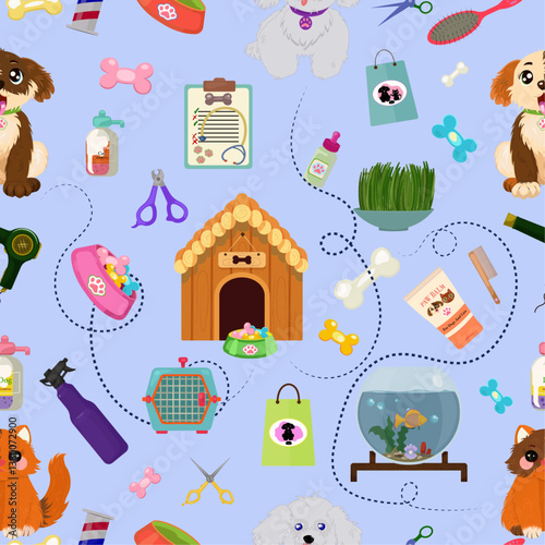 Pet shop seamless Pattern. Veterinary shop supplies. Pet care, accessories for cats, dogs. Hand drawn Vector illustration
