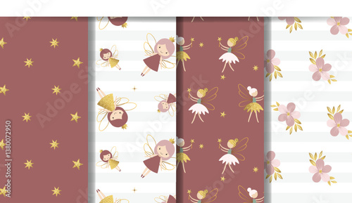 Set of fairytale kid's backgrounds with fairies, stars, flowers. Cute cartoon pattern with gold glitter