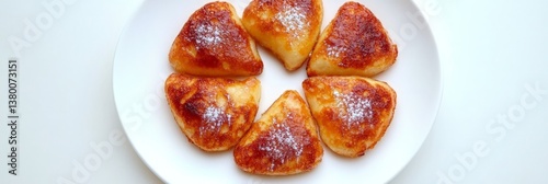 Golden syrniki arranged in circle with sugar dusting, syrniki crisp outside and tender inside, syrniki representing traditional Eastern European breakfast in bright minimal style.