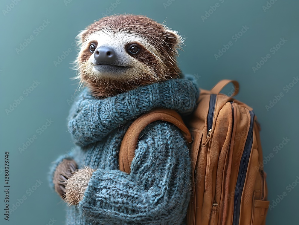 Fototapeta premium A sleepy sloth wearing a cozy sweater carrying a backpack