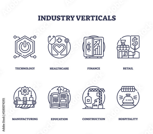 Industry verticals are depicted with icons for technology, healthcare, finance. Outline icons set.