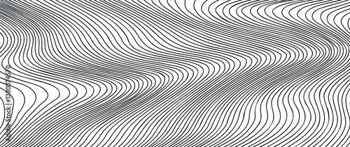 Abstract black and white blend line art background vector. Wallpaper design with wavy line in motion. Illustration for banner, packaging, social media, ads.