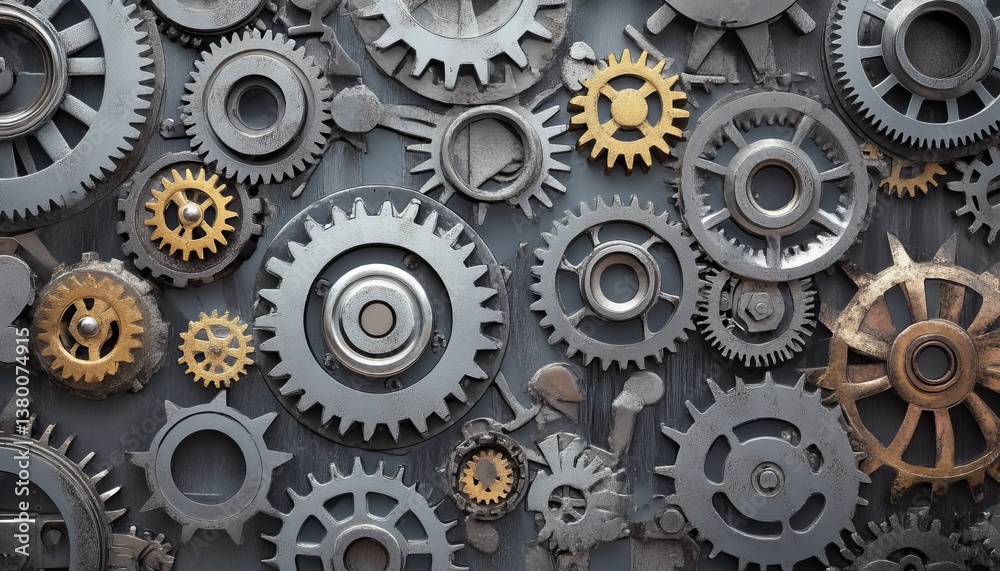 Intricate Industrial Background, Metallic Silver Gears Interlocking in Complex Mechanism Intricate Industrial Background, Metallic Silver Gears Interlocking in Complex Mechanism