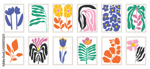 Botanical doodle background art vector set. Flower and leaves abstract shape doodle art design for print, wallpaper, clipart, wall art for home decoration. 