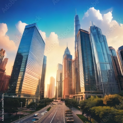 A scenic cityscape showing sharp architectural details of modern skyscrapers.