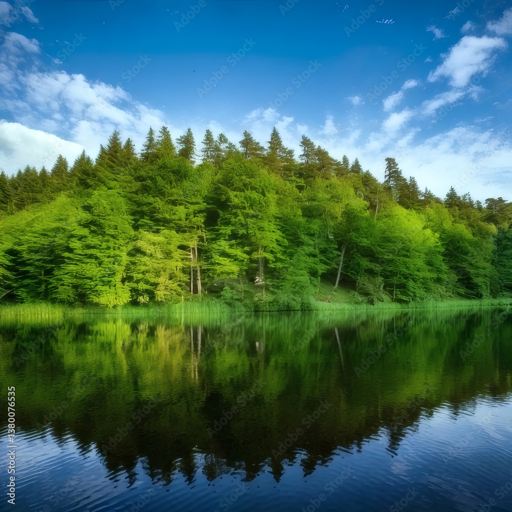 A calm lake reflecting the lush greenery of a forest, exuding beauty and serenity. A calm lake reflecting the lush greenery of a forest, exuding beauty and serenity.