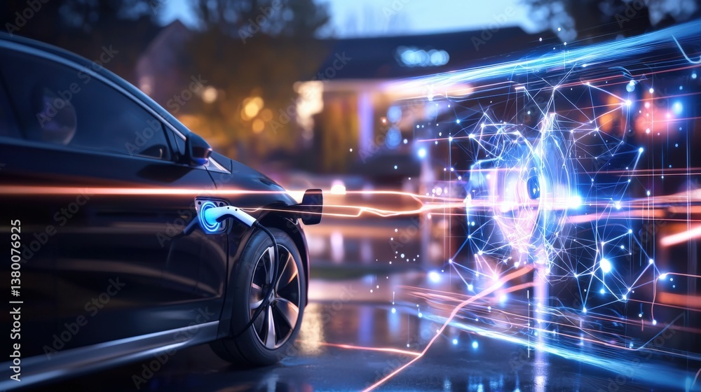 Electrifying car charging experience urban setting digital art evening environment futuristic viewpoint advanced technology concept Electrifying car charging experience urban setting digital art evening environment futuristic viewpoint advanced technology concept