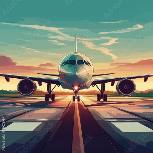 Illustration of an airplane landing on airport at sunset.