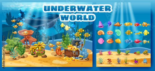 Underwater World game for kids, bottom sea ocean, pirate treasure chest
