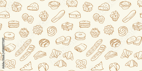 Pastry pattern, seamless background with hand drawn bakery products.
