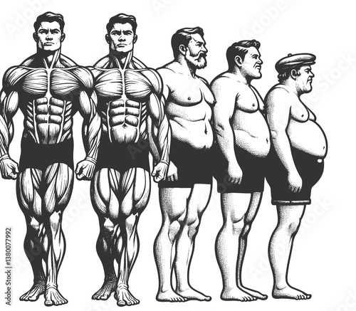 male body types transitioning from muscular and athletic to overweight and obese in a vintage engraving style sketch engraving generative ai vector illustration. Scratch board. Black and white image.