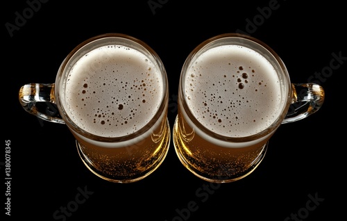 Cheers to Refreshment: Overhead view of two frothy, cold beers in glass mugs, a perfect snapshot for food and drink, capturing a moment of conviviality and refreshment, ideal for celebratory events.