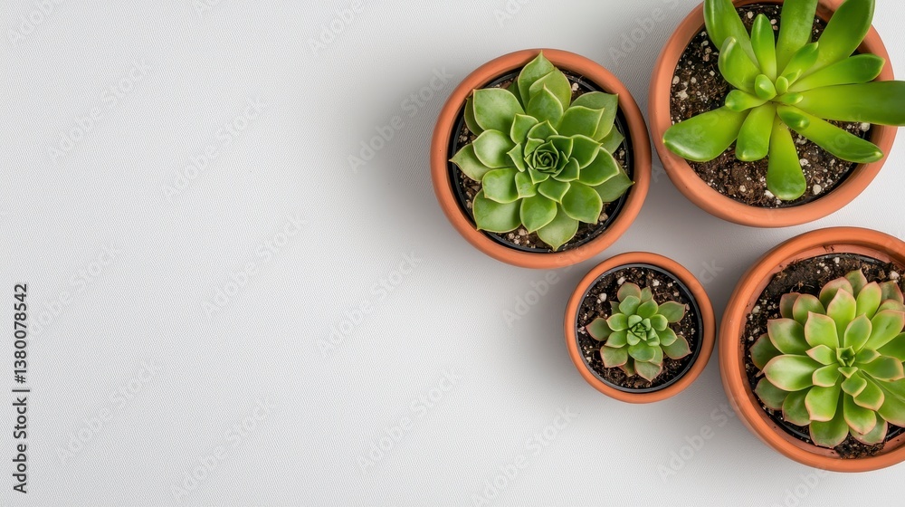 Obraz premium Overhead View of Succulents in Terracotta Pots on White Textured Surface