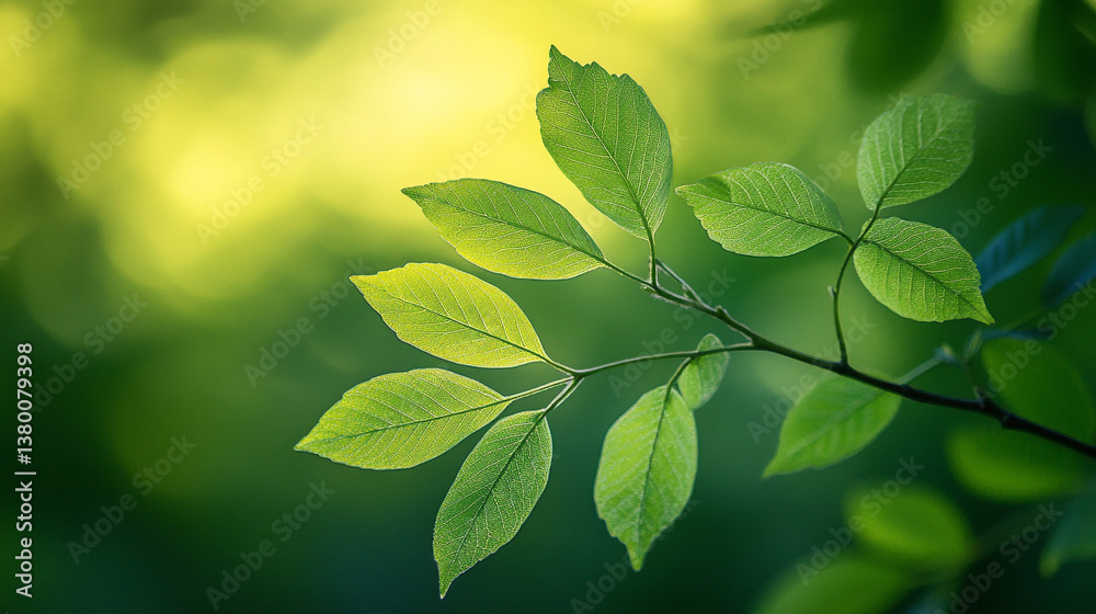 A close up of a branch with green leaves against a blurred green and yellow background in soft focus. A close up of a branch with green leaves against a blurred green and yellow background in soft focus.