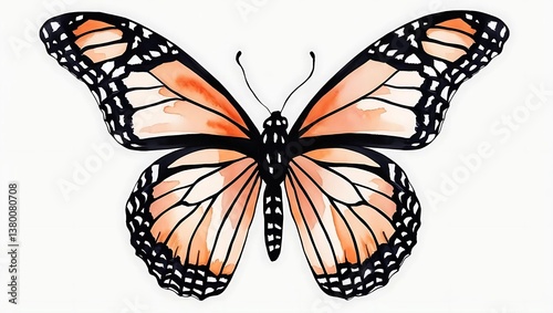 clipart, watercolour, monarch butterfly with delicate colours and lines, isolated on white background.