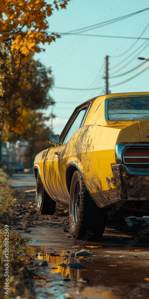 Fototapeta premium Vintage Yellow Car in Autumn Colors, With Visible, Abandoned On Side of Road With Reflection