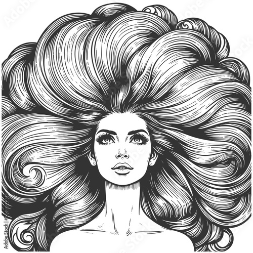 woman with an enormous, intricately curled hairstyle, blending surrealism, elegance, and vintage artistic style sketch engraving generative ai vector illustration. Scratch board. Black and white image