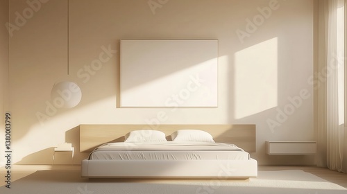 Simple-style bedroom, light and shadow interweave to create a warm atmosphere, bedside paintings add artistic atmosphere