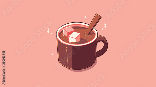 Cartoon hot chocolate mug with marshmallows and stirrer on a pink background flat vector illustration