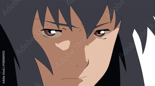 Male anime character with intense expression and dark hair flat vector illustration