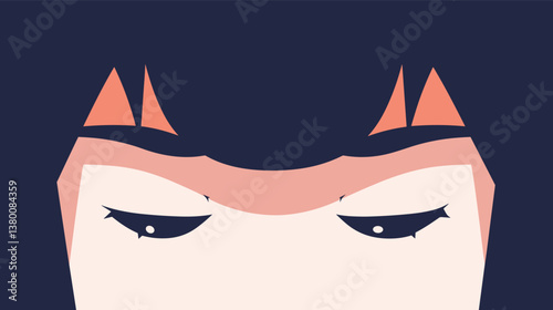 Minimalistic illustration of female eyes with black hair and red accents flat vector illustration