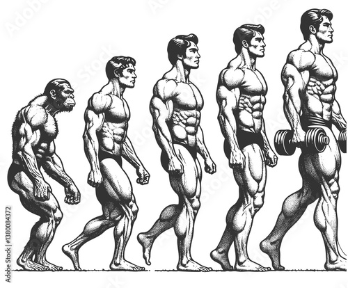 progression from an unfit man to a muscular bodybuilder, symbolizing transformation, fitness, and self-improvement sketch engraving generative ai vector illustration. Scratch board. Black and white.