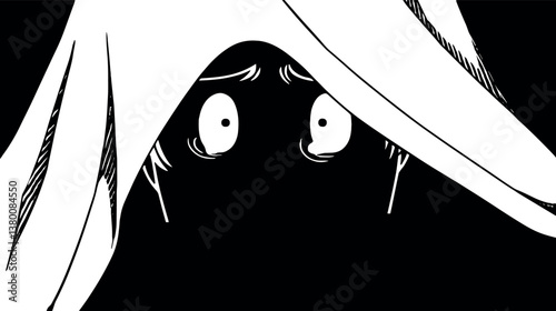Black and white cartoon close-up of surprised hidden character face flat vector illustration