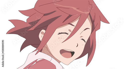 Smiling anime female character with red hair flat vector illustration