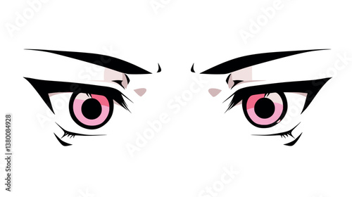Anime eyes with pink irises and sharp black eyebrows symbol of intensity and focus flat vector illustration