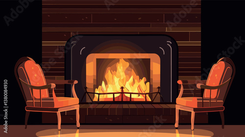 Cozy fireplace with burning fire and two chairs in warm indoor setting flat vector illustration