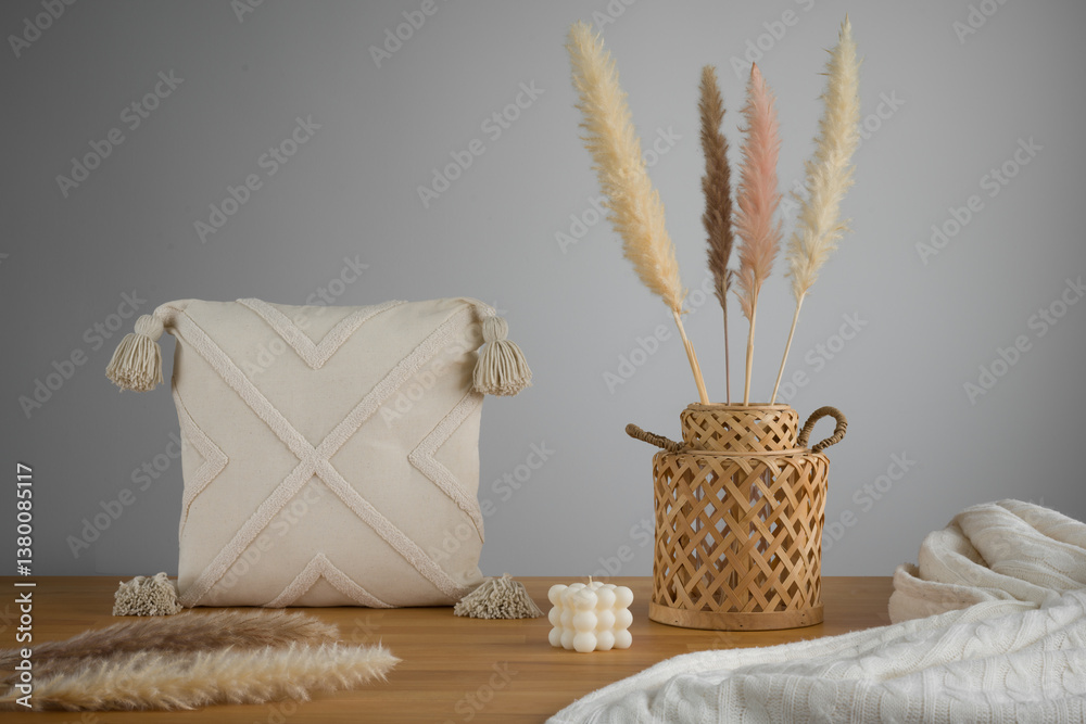 Boho Chic Decor: Textured Pillow and Pampas Grass Arrangement