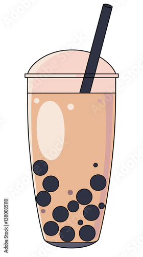 Refreshing bubble tea with black tapioca pearls and straw flat vector illustration
