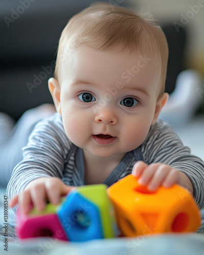 Interest baby emotion - Photograph the baby as they explore a new toy, focusing on their hands and eyes as they investigate its textures and features. 