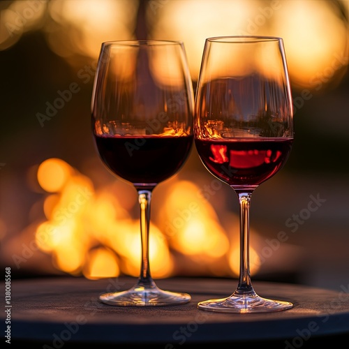 Two glasses of red wine by the flames of a fire table firepit right after sunset.