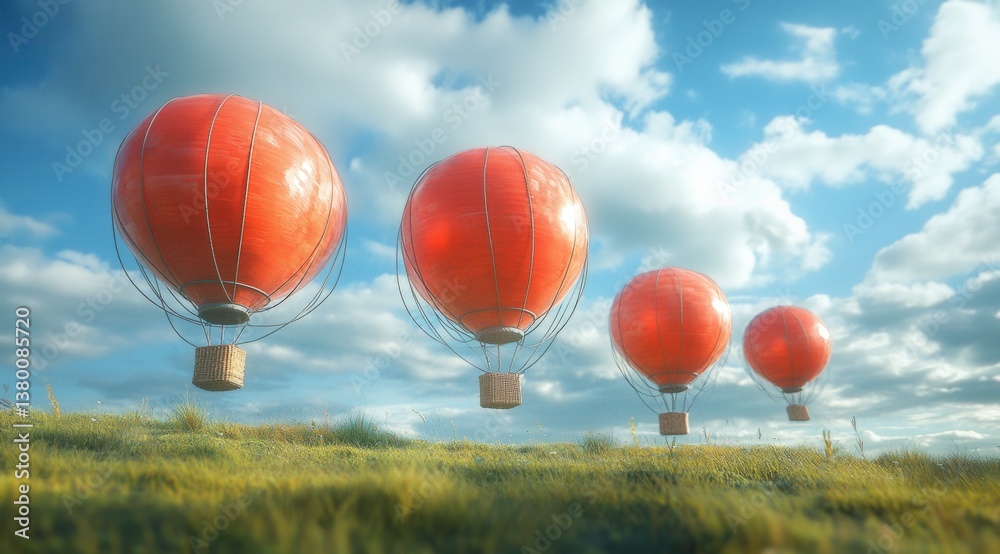 Obraz premium Red hot air balloons floating over a serene grassy landscape
