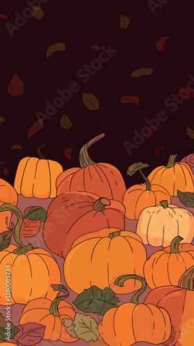 Autumn harvest with varied pumpkins and falling leaves flat vector illustration