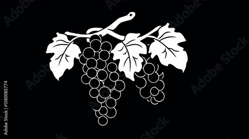 Black and white grapevine silhouette with bunches of grapes and leaves flat vector illustration