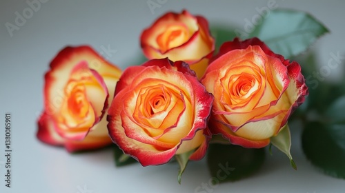 Four Vibrant Yellow and Red Roses in Full Bloom on a Soft White Background with Copy Space
