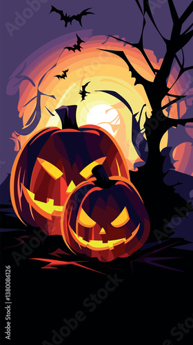 Halloween jack-o'-lanterns at night with bats and full moon silhouette flat vector illustration