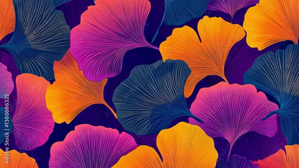 A modern vector pattern of ginkgo leaves with intricate contours on a vibrant background.