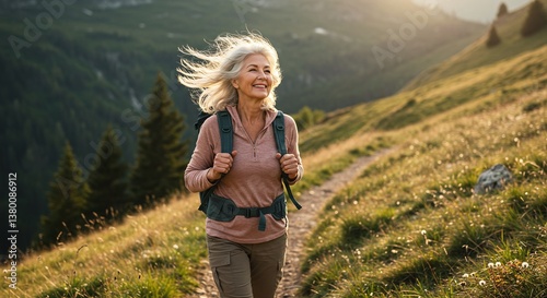 Mature Woman Hiking in Mountains Smiling with Backpack Enjoying Nature