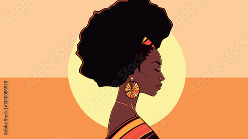 African woman with afro and earrings in profile against sun background flat vector illustration