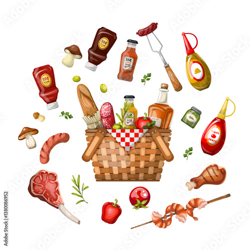 Set picnic basket with food