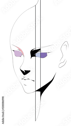 Abstract minimalist portrait of a androgynous face with pastel eyes and bold lines flat vector illustration