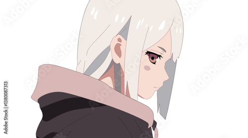 Anime character with white hair and pink eyes in profile view flat vector illustration