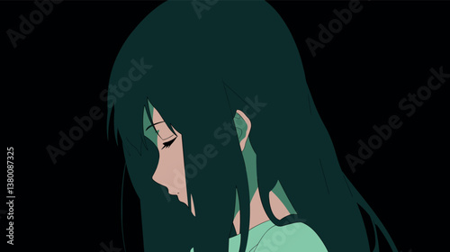Anime girl with long dark hair in profile view on black background flat vector illustration
