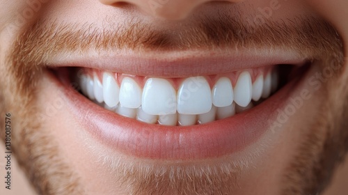 Close-up of smiling young caucasian male showing healthy white teeth